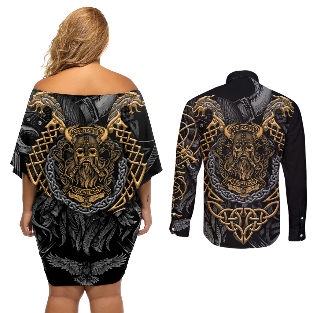 Viking Warrior Tatto Couples Matching Off Shoulder Short Dress and Long Sleeve Button Shirts Valhalla Is Calling - Wonder Print Shop
