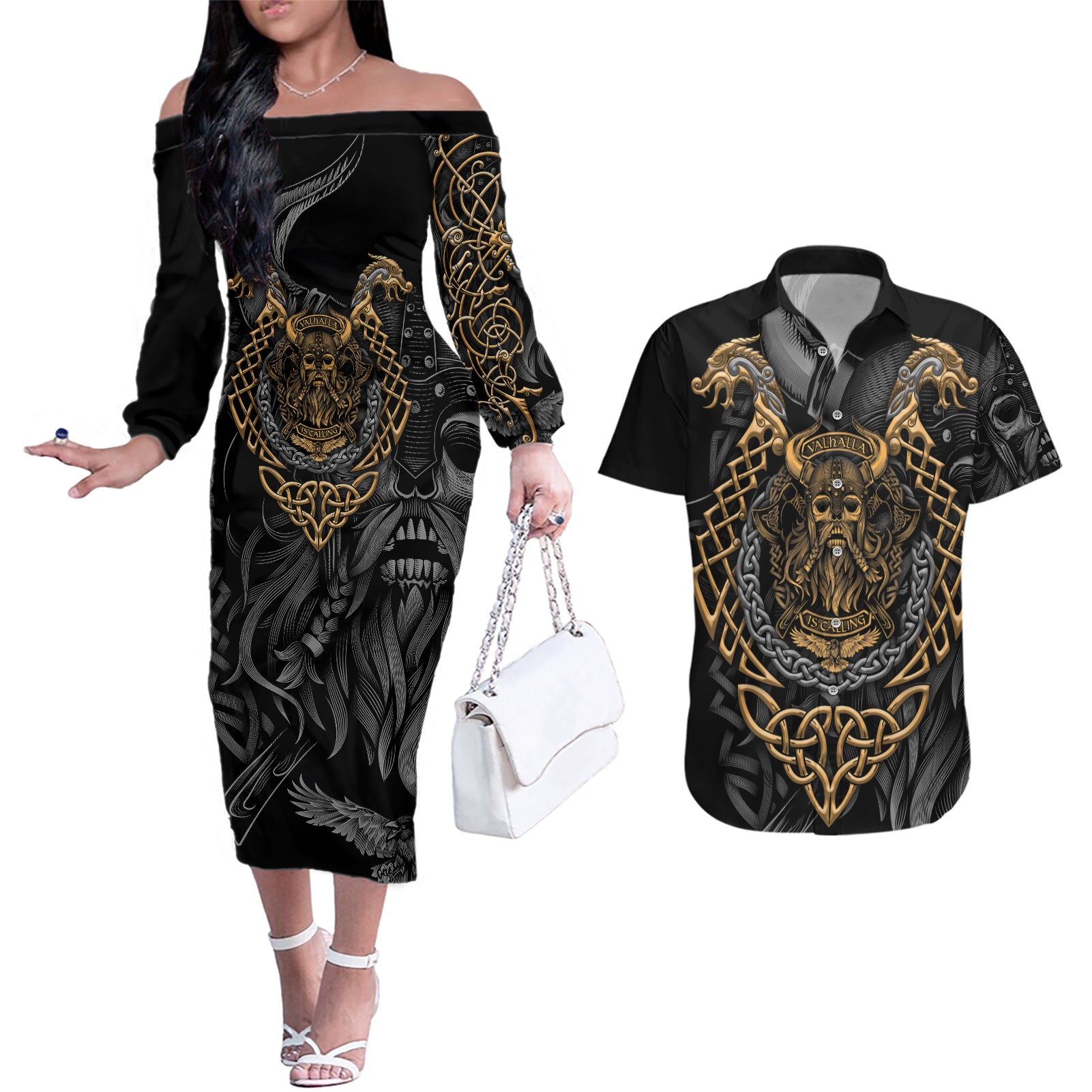 Viking Warrior Tatto Couples Matching Off The Shoulder Long Sleeve Dress and Hawaiian Shirt Valhalla Is Calling - Wonder Print Shop