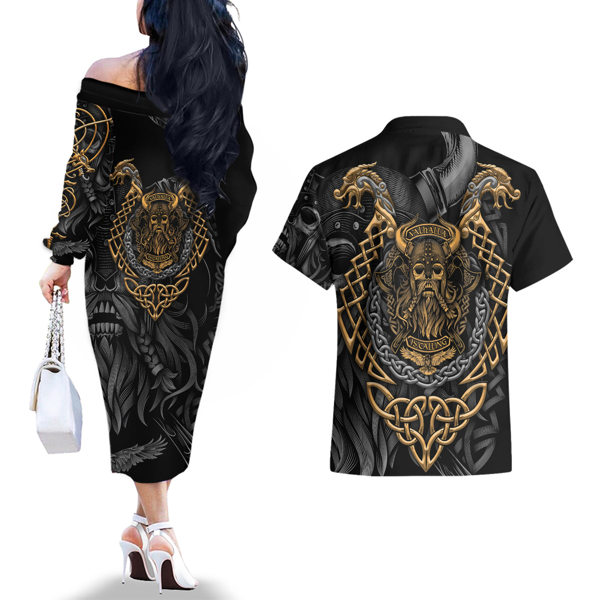 Viking Warrior Tatto Couples Matching Off The Shoulder Long Sleeve Dress and Hawaiian Shirt Valhalla Is Calling - Wonder Print Shop