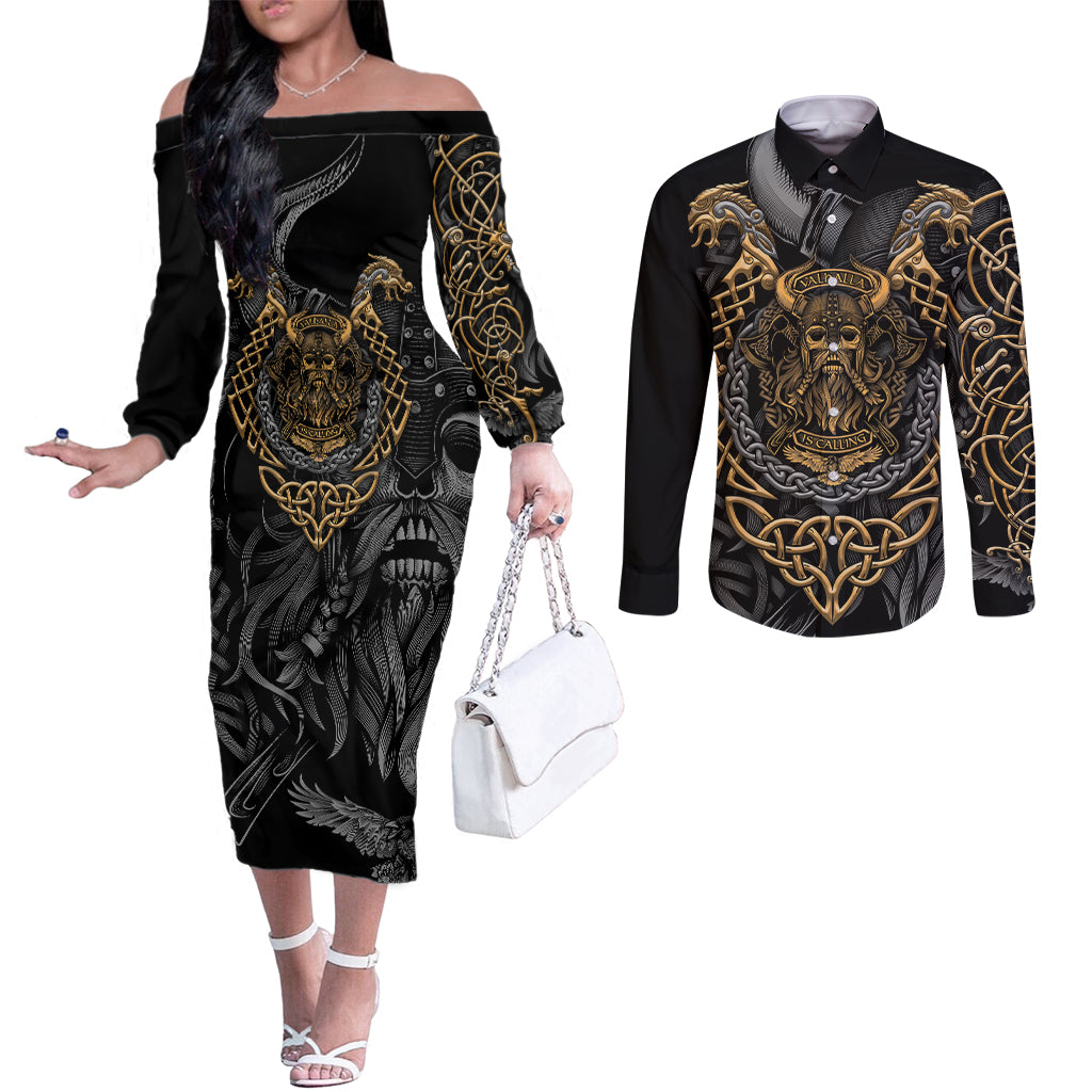 viking-warrior-tatto-couples-matching-off-the-shoulder-long-sleeve-dress-and-long-sleeve-button-shirts-valhalla-is-calling