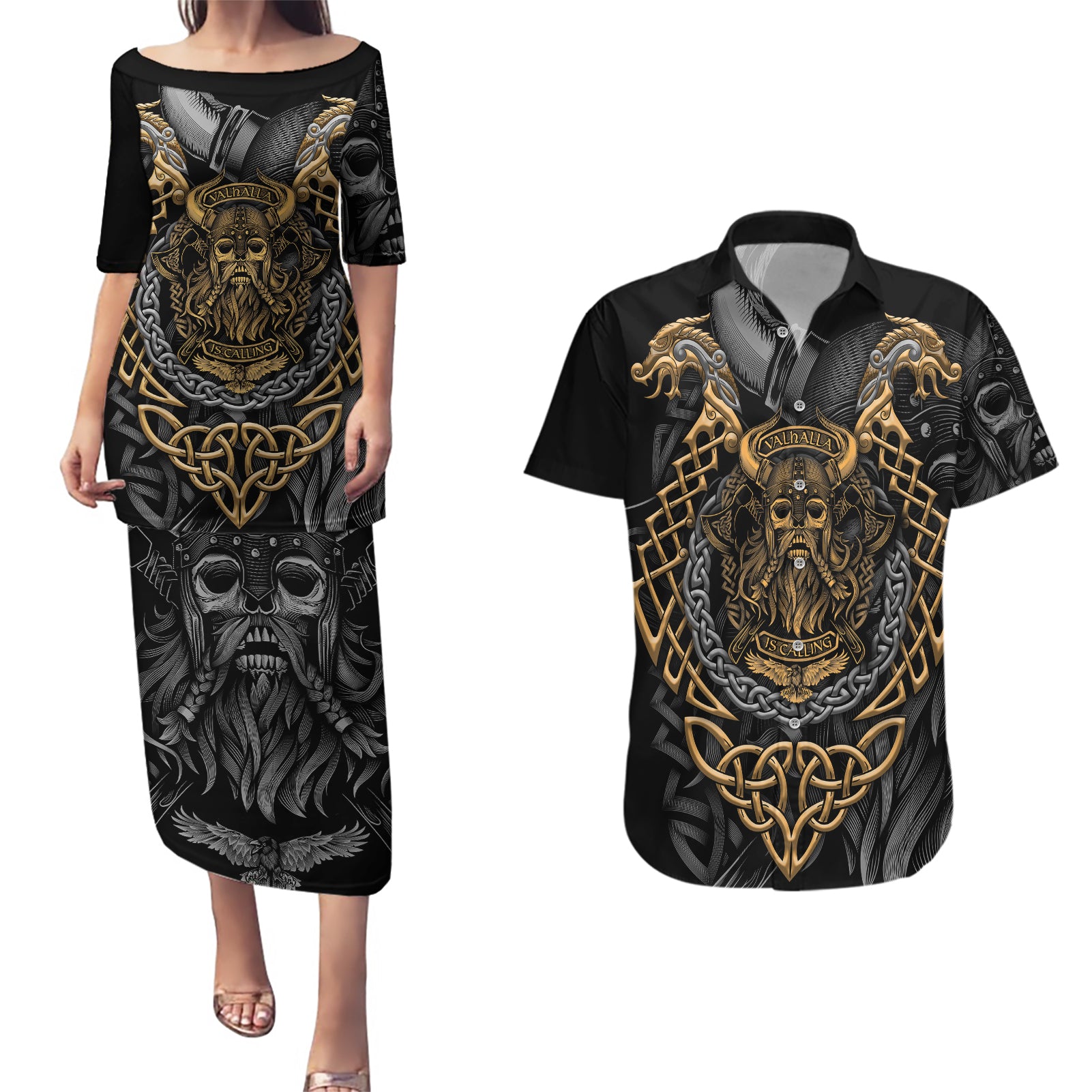 Viking Warrior Tatto Couples Matching Puletasi Dress and Hawaiian Shirt Valhalla Is Calling - Wonder Print Shop