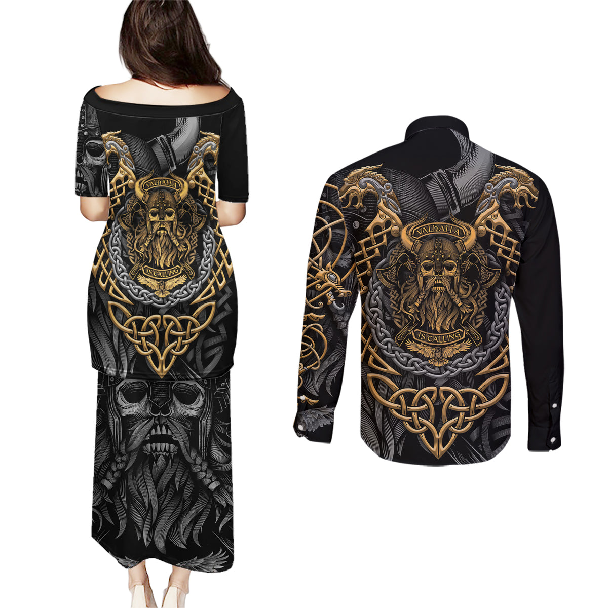 Viking Warrior Tatto Couples Matching Puletasi Dress and Long Sleeve Button Shirts Valhalla Is Calling - Wonder Print Shop