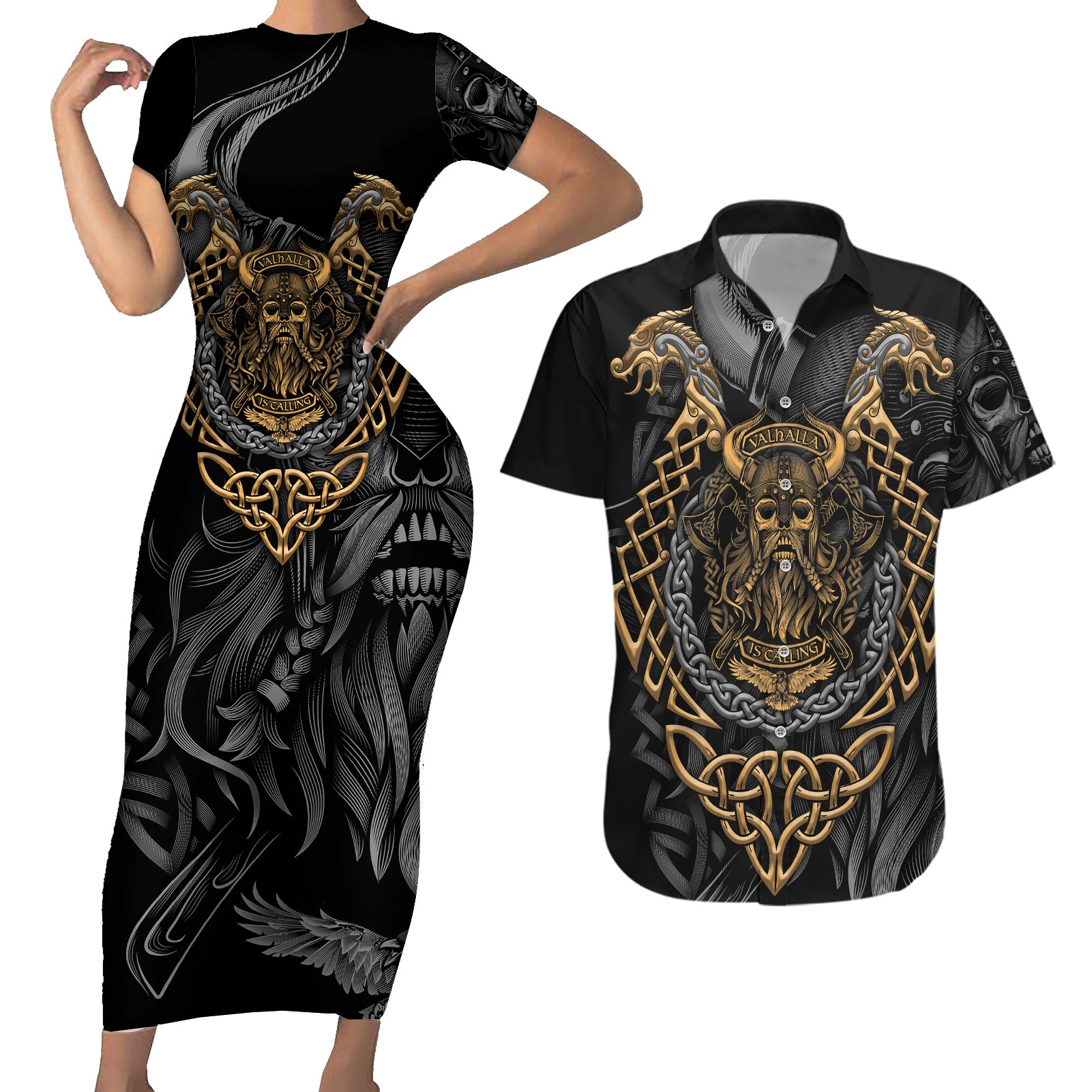 Viking Warrior Tatto Couples Matching Short Sleeve Bodycon Dress and Hawaiian Shirt Valhalla Is Calling - Wonder Print Shop