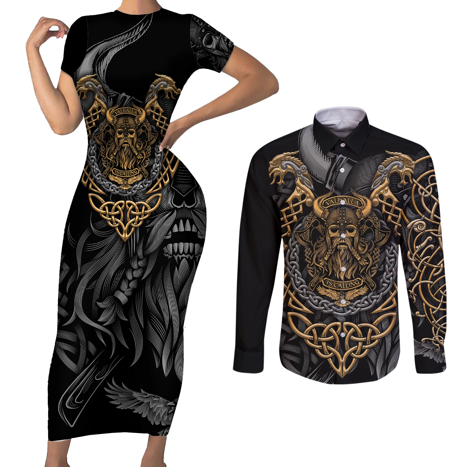 Viking Warrior Tatto Couples Matching Short Sleeve Bodycon Dress and Long Sleeve Button Shirts Valhalla Is Calling - Wonder Print Shop