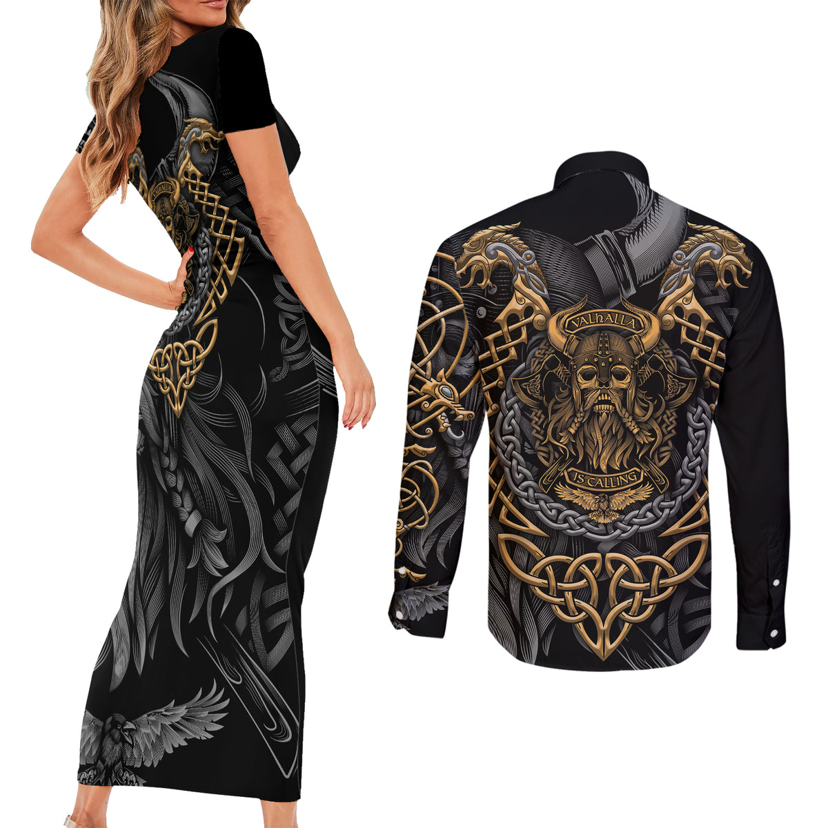 Viking Warrior Tatto Couples Matching Short Sleeve Bodycon Dress and Long Sleeve Button Shirts Valhalla Is Calling - Wonder Print Shop