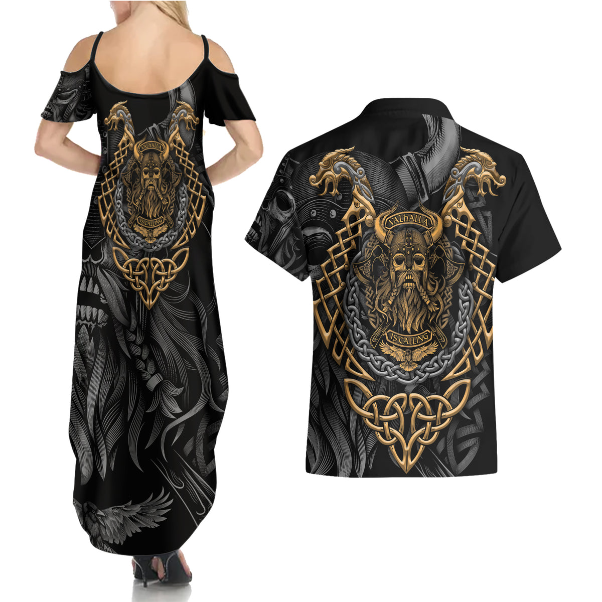 Viking Warrior Tatto Couples Matching Summer Maxi Dress and Hawaiian Shirt Valhalla Is Calling - Wonder Print Shop