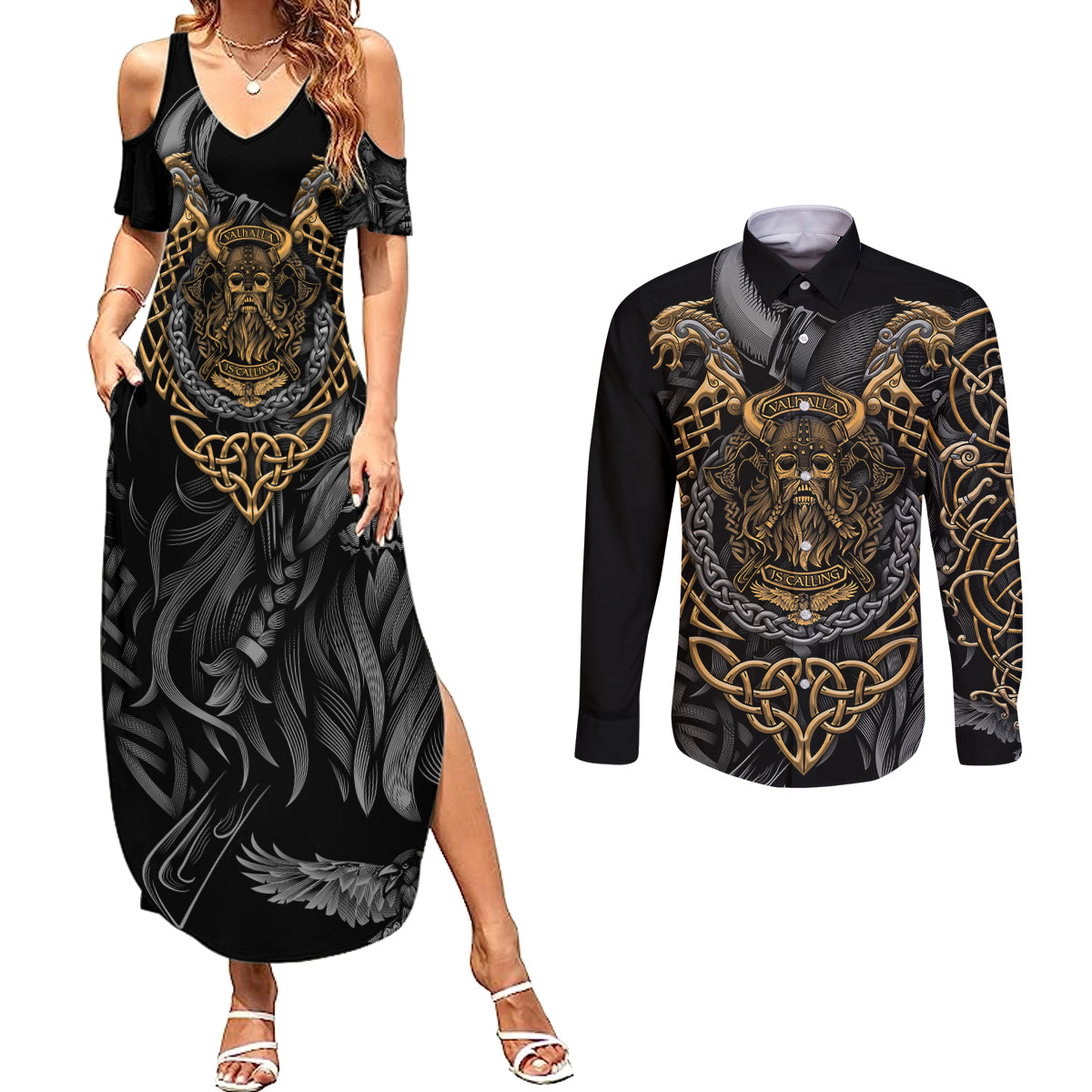 Viking Warrior Tatto Couples Matching Summer Maxi Dress and Long Sleeve Button Shirts Valhalla Is Calling - Wonder Print Shop