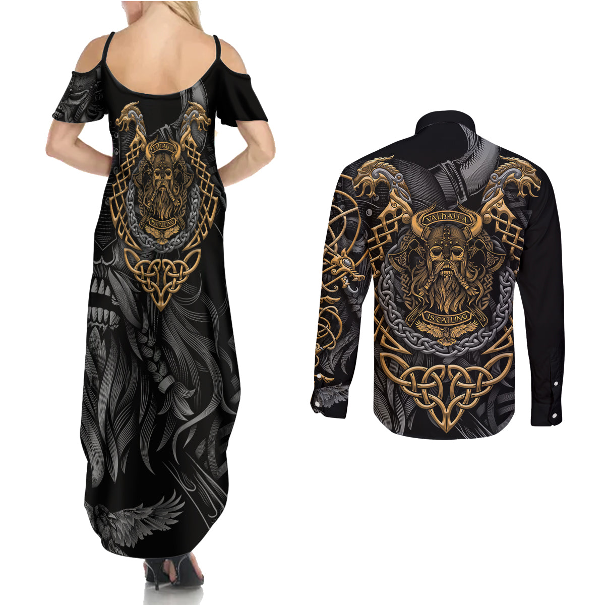 Viking Warrior Tatto Couples Matching Summer Maxi Dress and Long Sleeve Button Shirts Valhalla Is Calling - Wonder Print Shop
