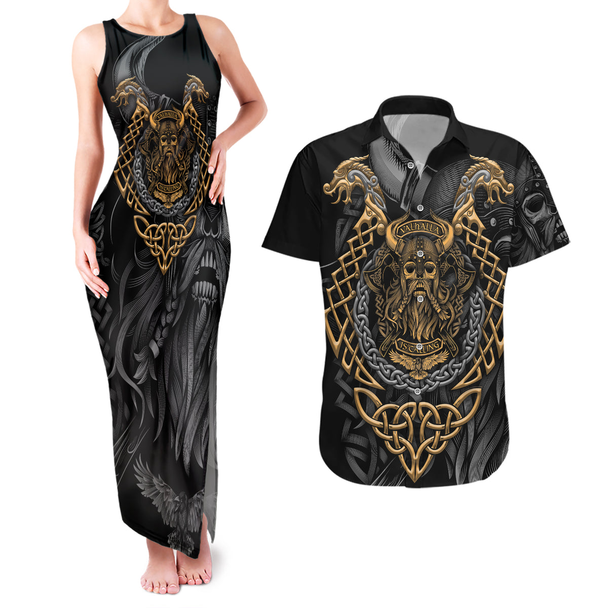 Viking Warrior Tatto Couples Matching Tank Maxi Dress and Hawaiian Shirt Valhalla Is Calling - Wonder Print Shop