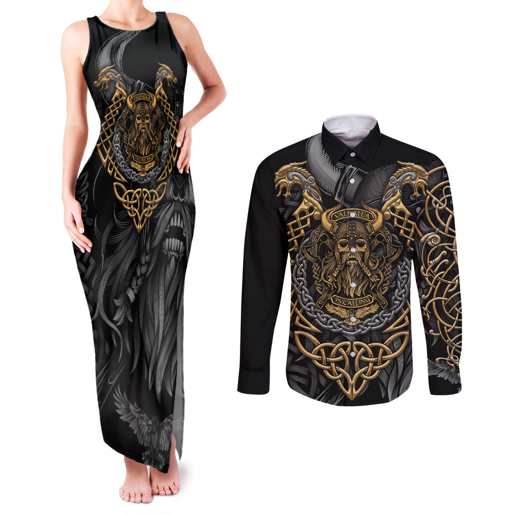 Viking Warrior Tatto Couples Matching Tank Maxi Dress and Long Sleeve Button Shirts Valhalla Is Calling - Wonder Print Shop