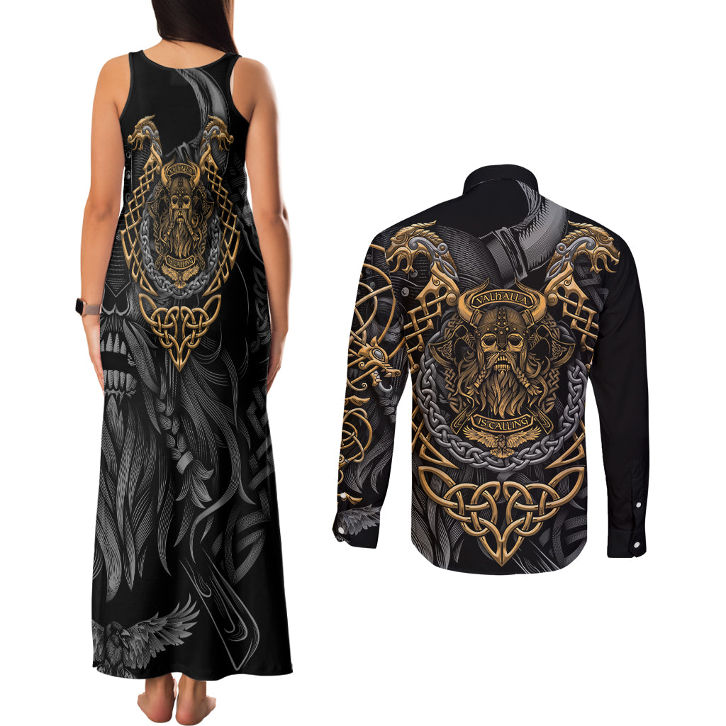 Viking Warrior Tatto Couples Matching Tank Maxi Dress and Long Sleeve Button Shirts Valhalla Is Calling - Wonder Print Shop