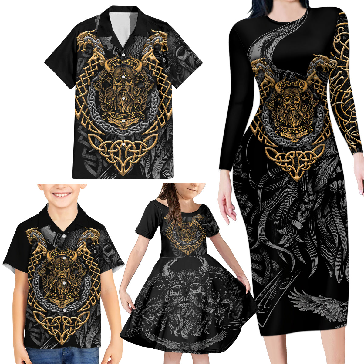 Viking Warrior Tatto Family Matching Long Sleeve Bodycon Dress and Hawaiian Shirt Valhalla Is Calling - Wonder Print Shop