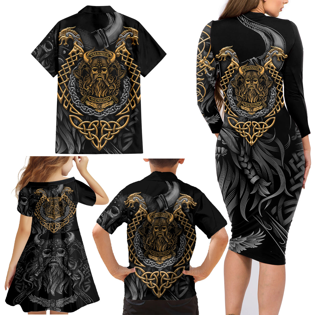 Viking Warrior Tatto Family Matching Long Sleeve Bodycon Dress and Hawaiian Shirt Valhalla Is Calling - Wonder Print Shop