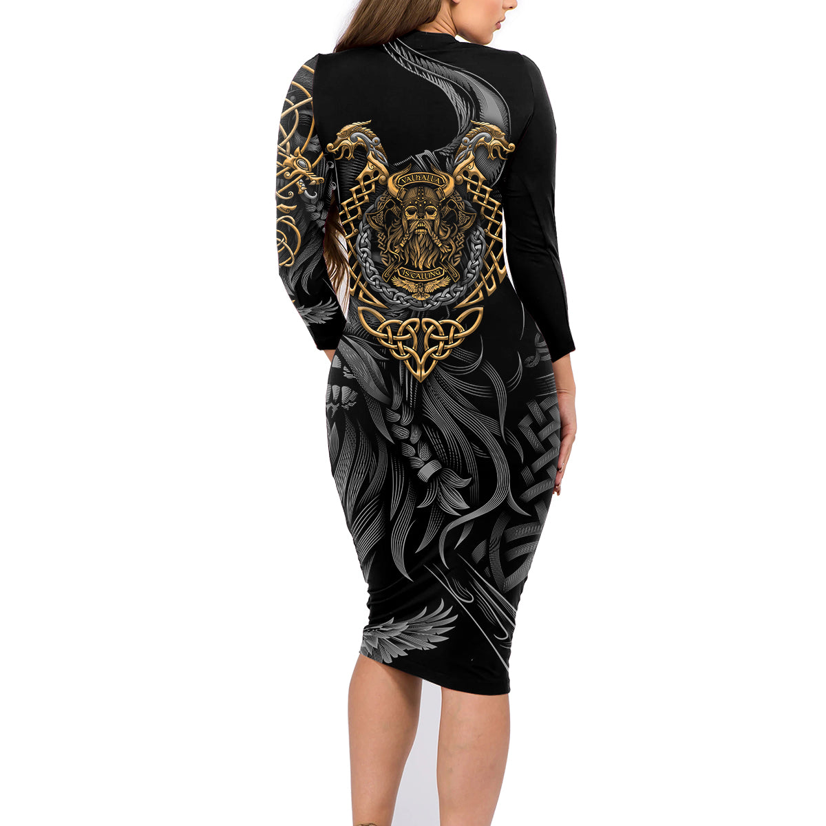 Viking Warrior Tatto Family Matching Long Sleeve Bodycon Dress and Hawaiian Shirt Valhalla Is Calling - Wonder Print Shop