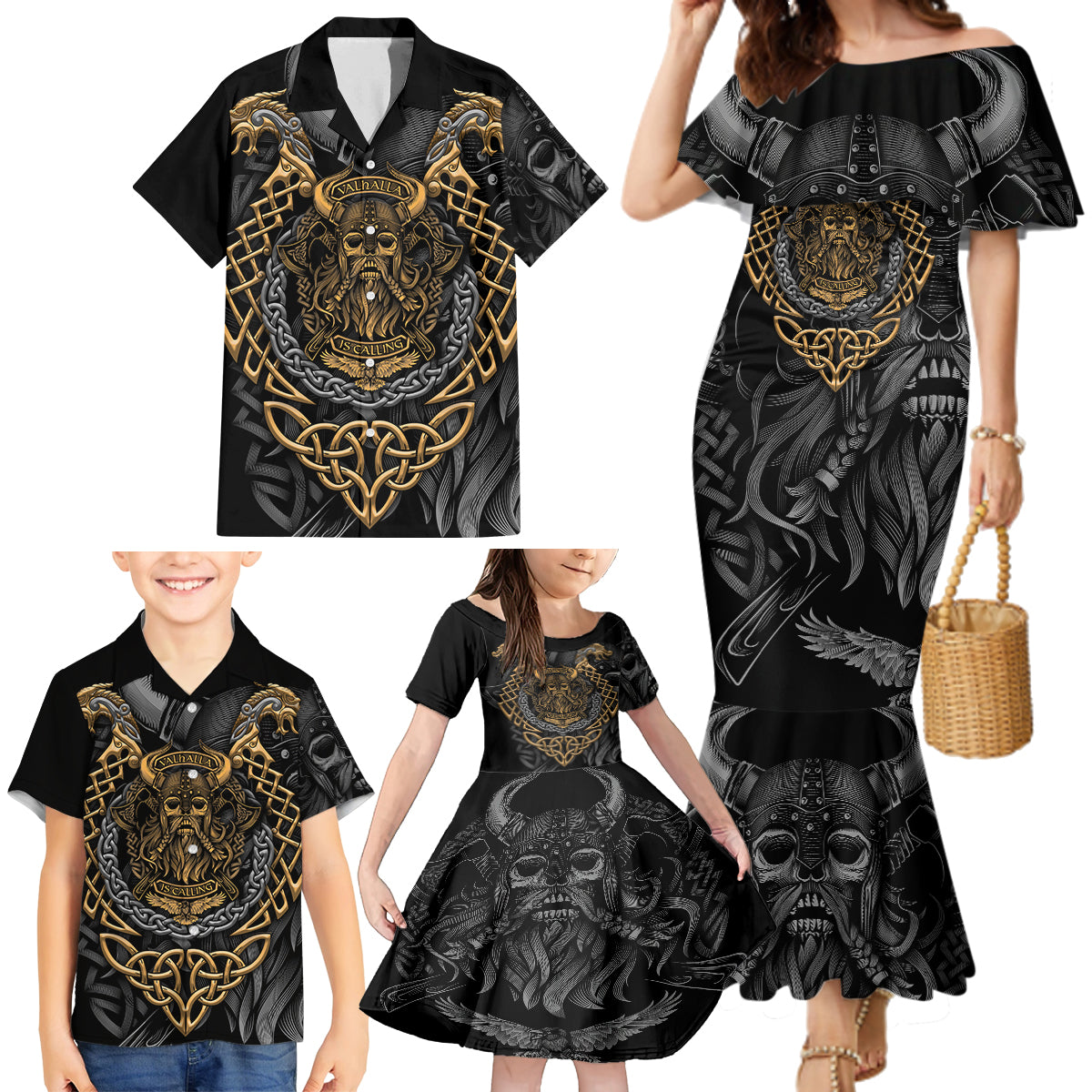 Viking Warrior Tatto Family Matching Mermaid Dress and Hawaiian Shirt Valhalla Is Calling - Wonder Print Shop