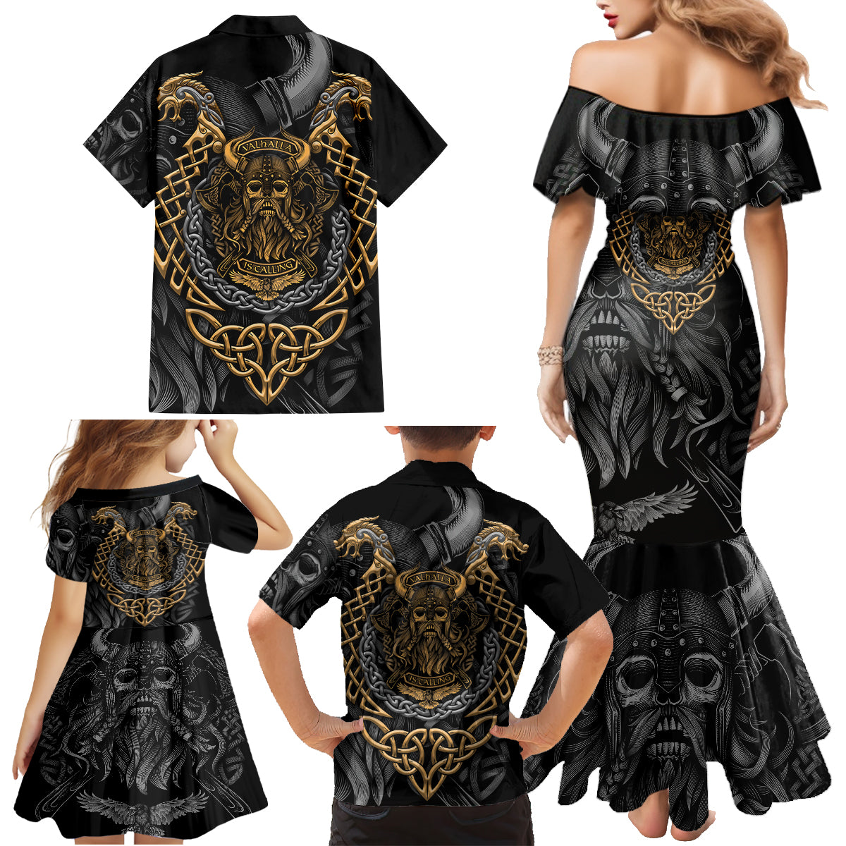 Viking Warrior Tatto Family Matching Mermaid Dress and Hawaiian Shirt Valhalla Is Calling - Wonder Print Shop