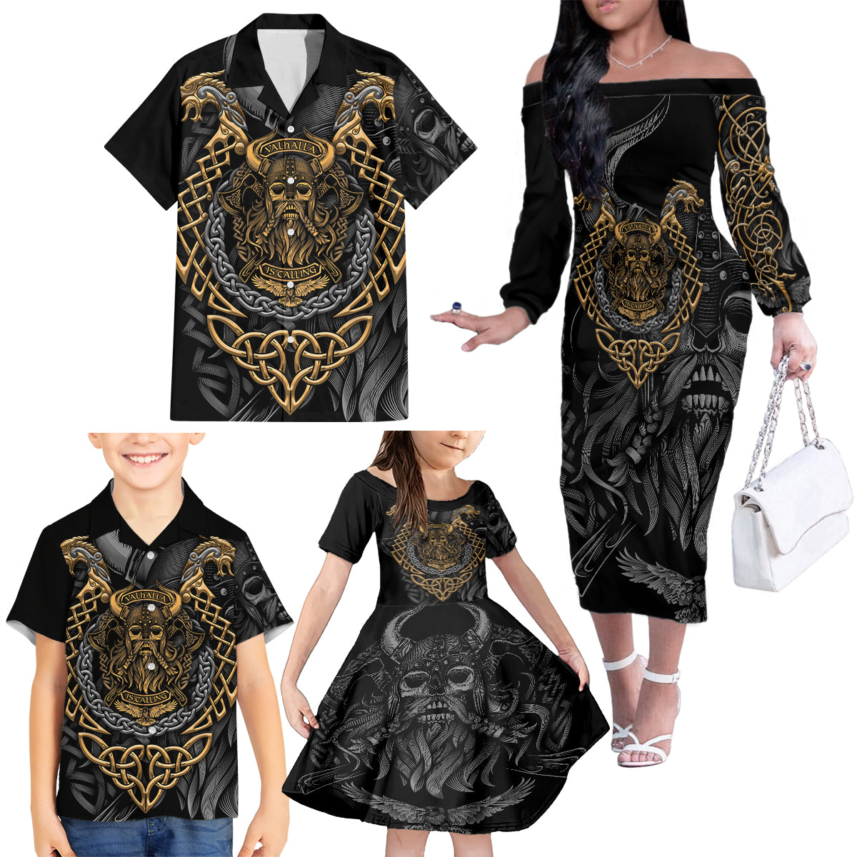 Viking Warrior Tatto Family Matching Off Shoulder Long Sleeve Dress and Hawaiian Shirt Valhalla Is Calling - Wonder Print Shop