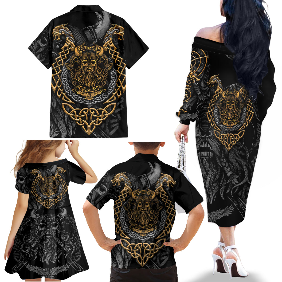 Viking Warrior Tatto Family Matching Off Shoulder Long Sleeve Dress and Hawaiian Shirt Valhalla Is Calling - Wonder Print Shop