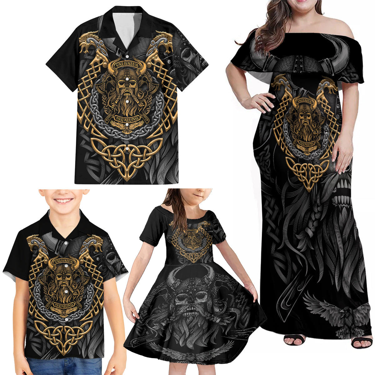 Viking Warrior Tatto Family Matching Off Shoulder Maxi Dress and Hawaiian Shirt Valhalla Is Calling - Wonder Print Shop