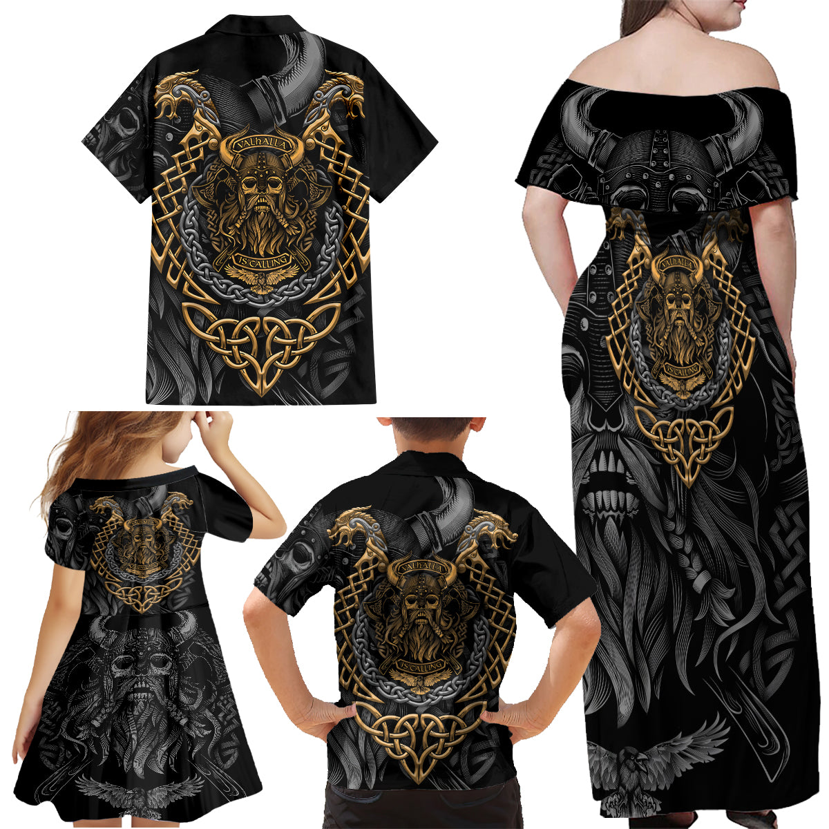 Viking Warrior Tatto Family Matching Off Shoulder Maxi Dress and Hawaiian Shirt Valhalla Is Calling - Wonder Print Shop