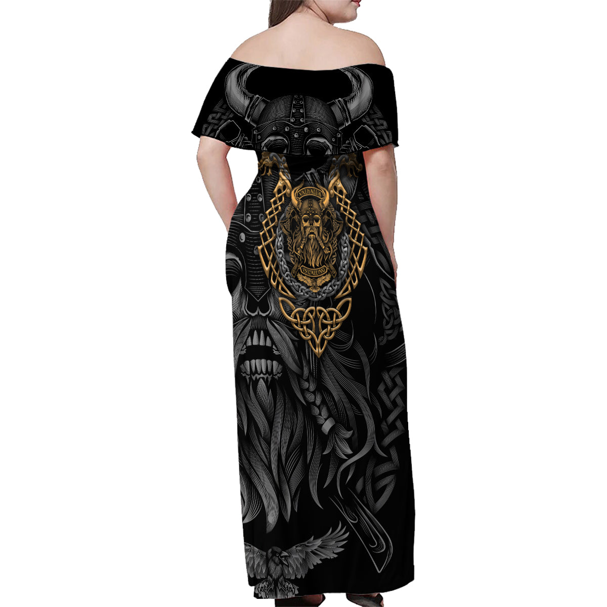 Viking Warrior Tatto Family Matching Off Shoulder Maxi Dress and Hawaiian Shirt Valhalla Is Calling - Wonder Print Shop