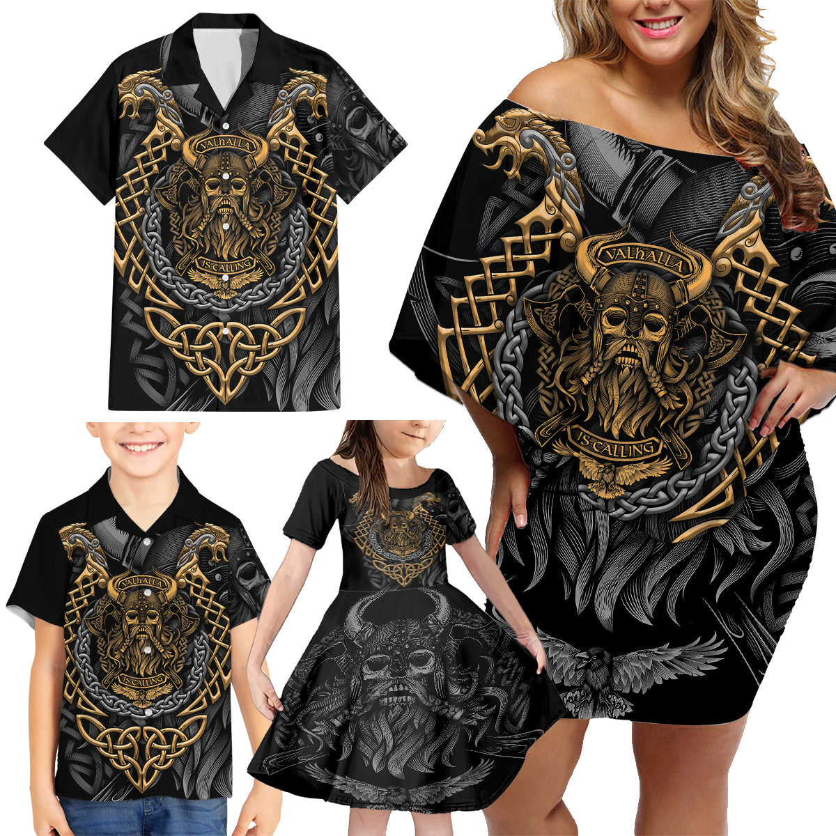 Viking Warrior Tatto Family Matching Off Shoulder Short Dress and Hawaiian Shirt Valhalla Is Calling - Wonder Print Shop
