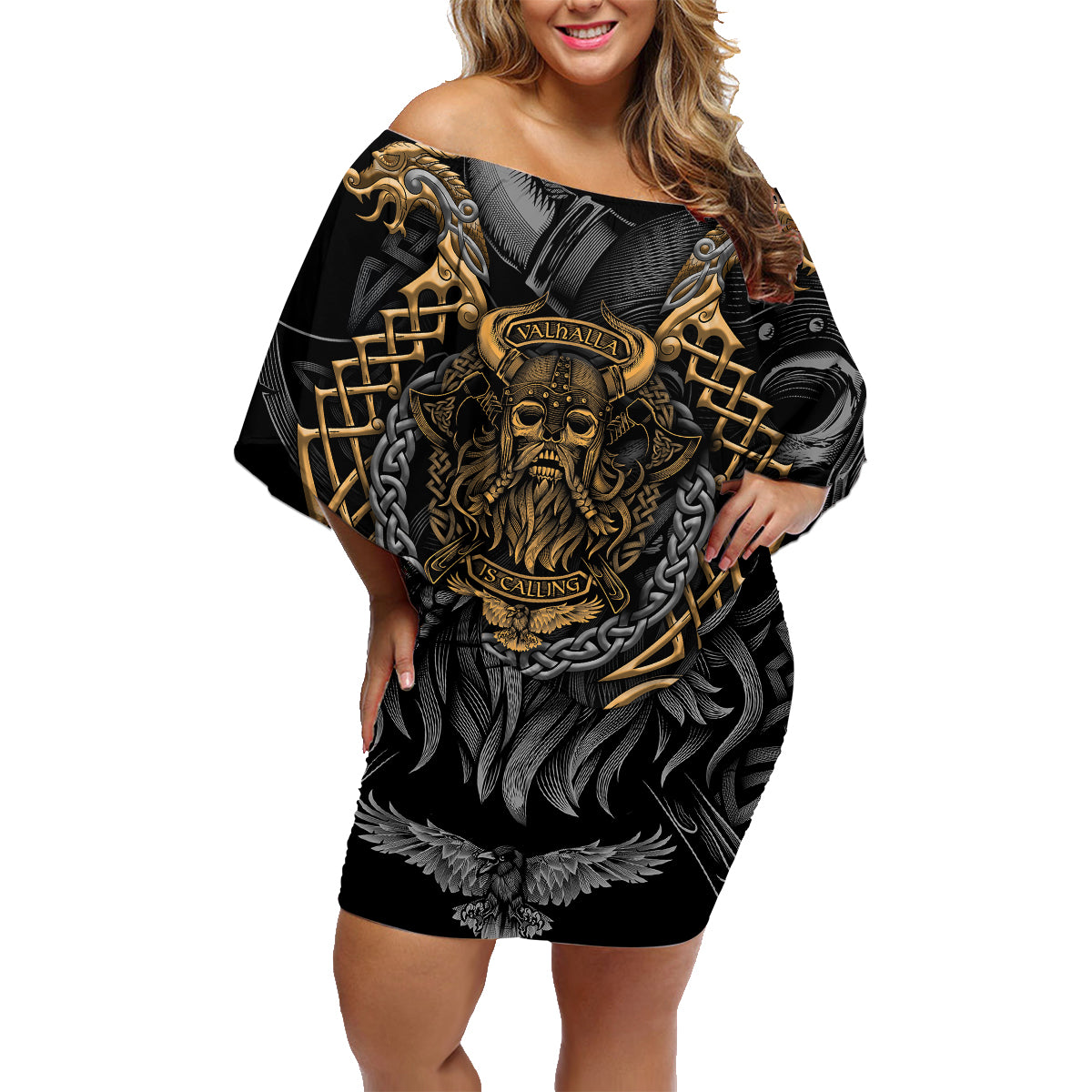 Viking Warrior Tatto Family Matching Off Shoulder Short Dress and Hawaiian Shirt Valhalla Is Calling - Wonder Print Shop