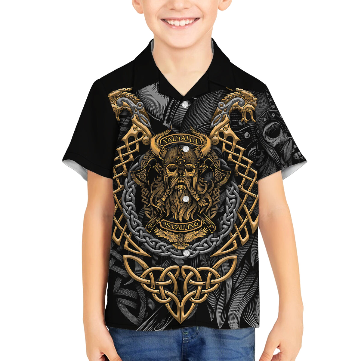 Viking Warrior Tatto Family Matching Off Shoulder Short Dress and Hawaiian Shirt Valhalla Is Calling - Wonder Print Shop