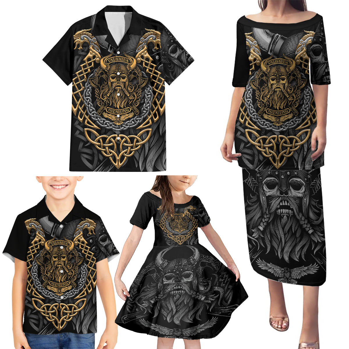 Viking Warrior Tatto Family Matching Puletasi Dress and Hawaiian Shirt Valhalla Is Calling - Wonder Print Shop
