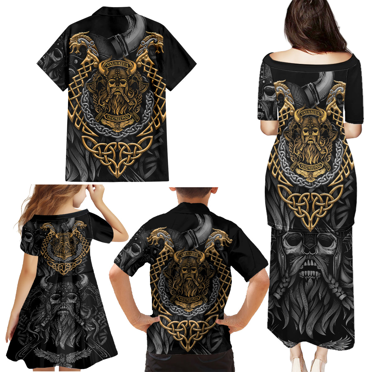Viking Warrior Tatto Family Matching Puletasi Dress and Hawaiian Shirt Valhalla Is Calling - Wonder Print Shop