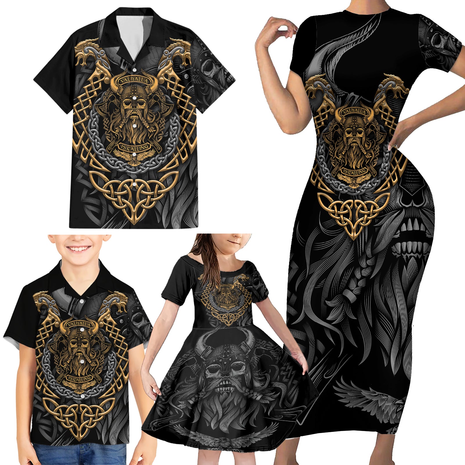 Viking Warrior Tatto Family Matching Short Sleeve Bodycon Dress and Hawaiian Shirt Valhalla Is Calling - Wonder Print Shop