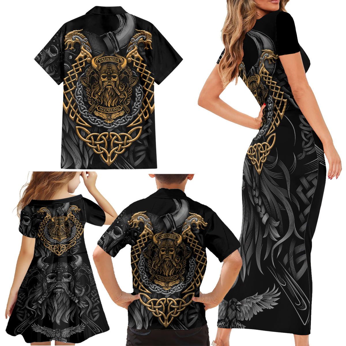 Viking Warrior Tatto Family Matching Short Sleeve Bodycon Dress and Hawaiian Shirt Valhalla Is Calling - Wonder Print Shop