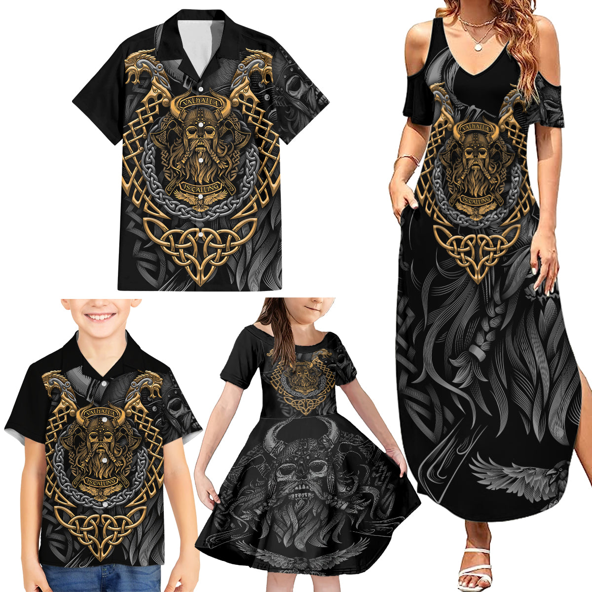 Viking Warrior Tatto Family Matching Summer Maxi Dress and Hawaiian Shirt Valhalla Is Calling - Wonder Print Shop