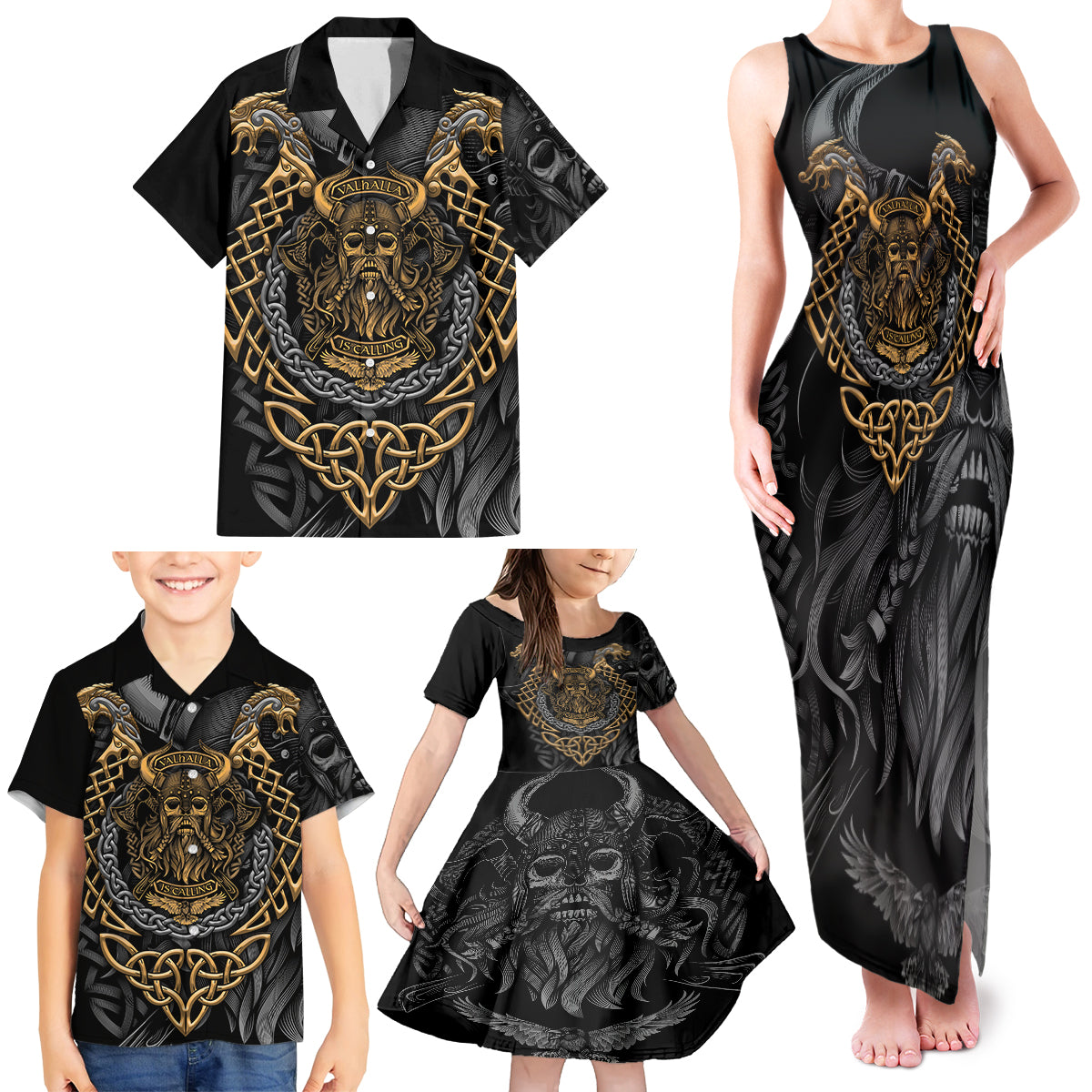 Viking Warrior Tatto Family Matching Tank Maxi Dress and Hawaiian Shirt Valhalla Is Calling - Wonder Print Shop