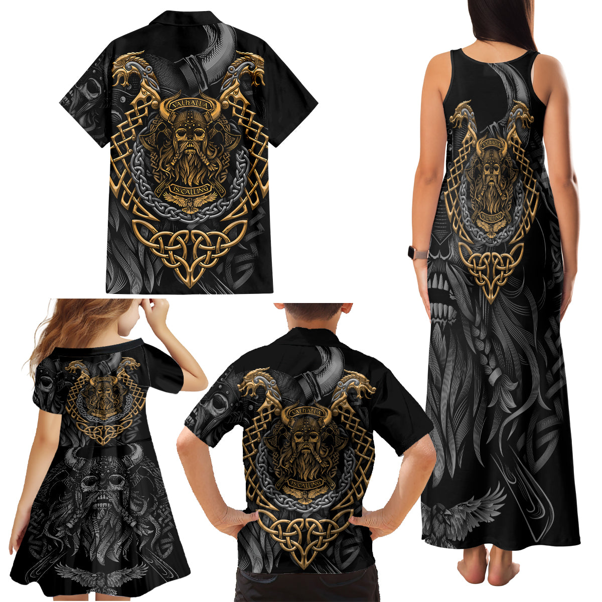 Viking Warrior Tatto Family Matching Tank Maxi Dress and Hawaiian Shirt Valhalla Is Calling - Wonder Print Shop