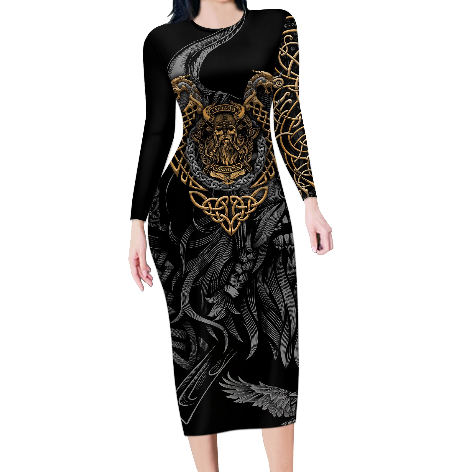 Viking Warrior Tatto Long Sleeve Bodycon Dress Valhalla Is Calling - Wonder Print Shop