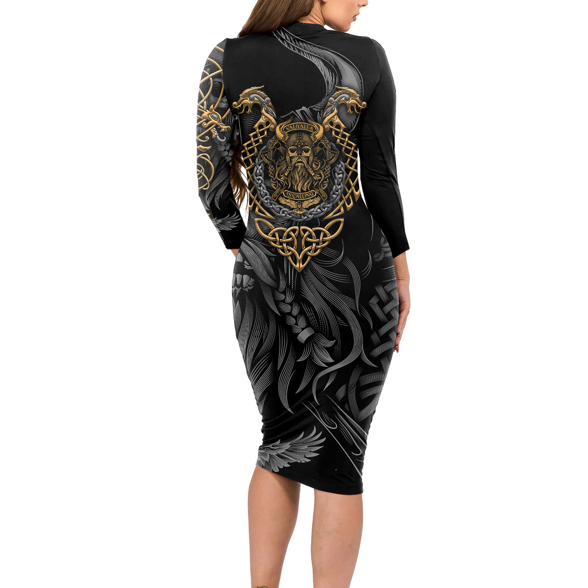 Viking Warrior Tatto Long Sleeve Bodycon Dress Valhalla Is Calling - Wonder Print Shop