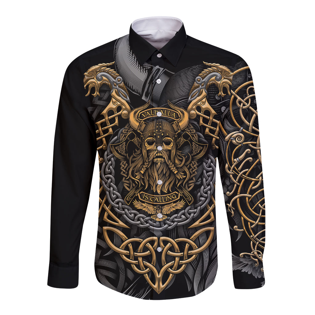 Viking Warrior Tatto Long Sleeve Button Shirt Valhalla Is Calling - Wonder Print Shop