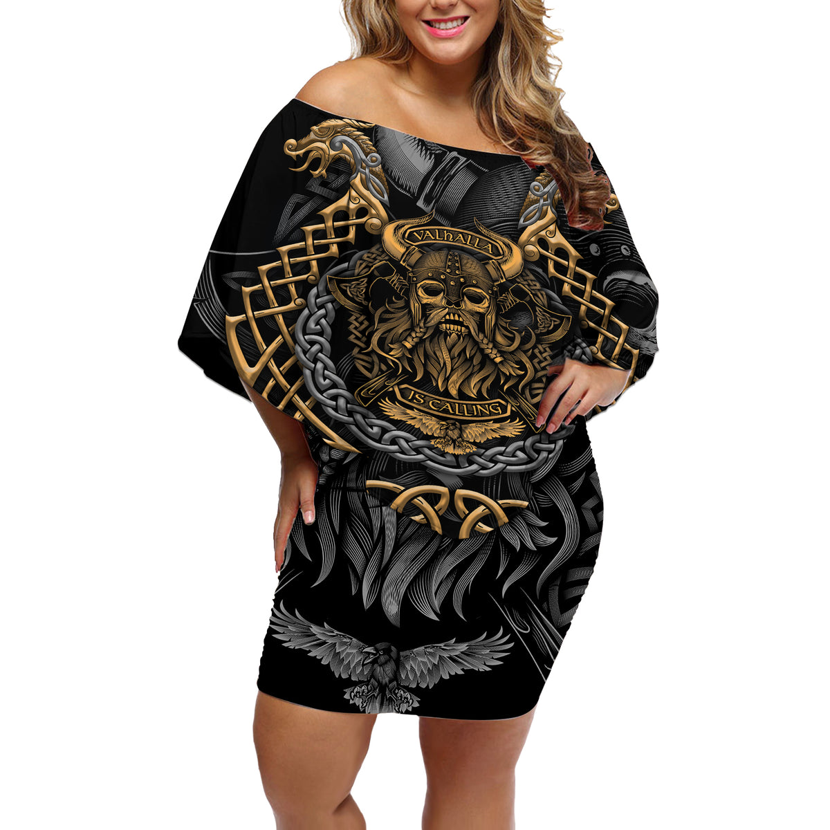 Viking Warrior Tatto Off Shoulder Short Dress Valhalla Is Calling - Wonder Print Shop