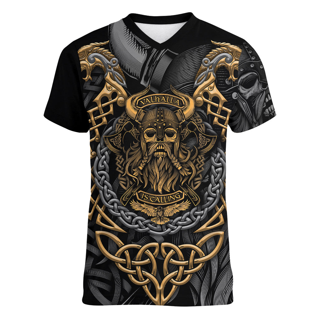 Viking Warrior Tatto Women V Neck T Shirt Valhalla Is Calling - Wonder Print Shop