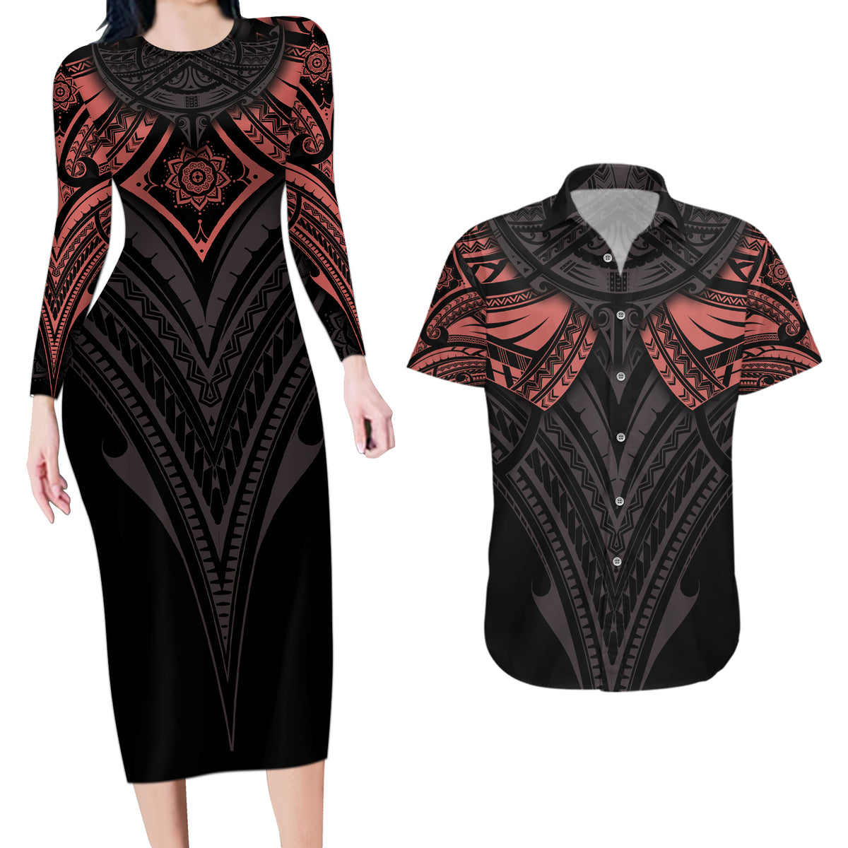 Feminine Polynesian Couples Matching Long Sleeve Bodycon Dress and Hawaiian Shirt Mandala Tattoo Style - Wonder Print Shop