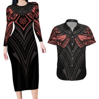 Feminine Polynesian Couples Matching Long Sleeve Bodycon Dress and Hawaiian Shirt Mandala Tattoo Style - Wonder Print Shop