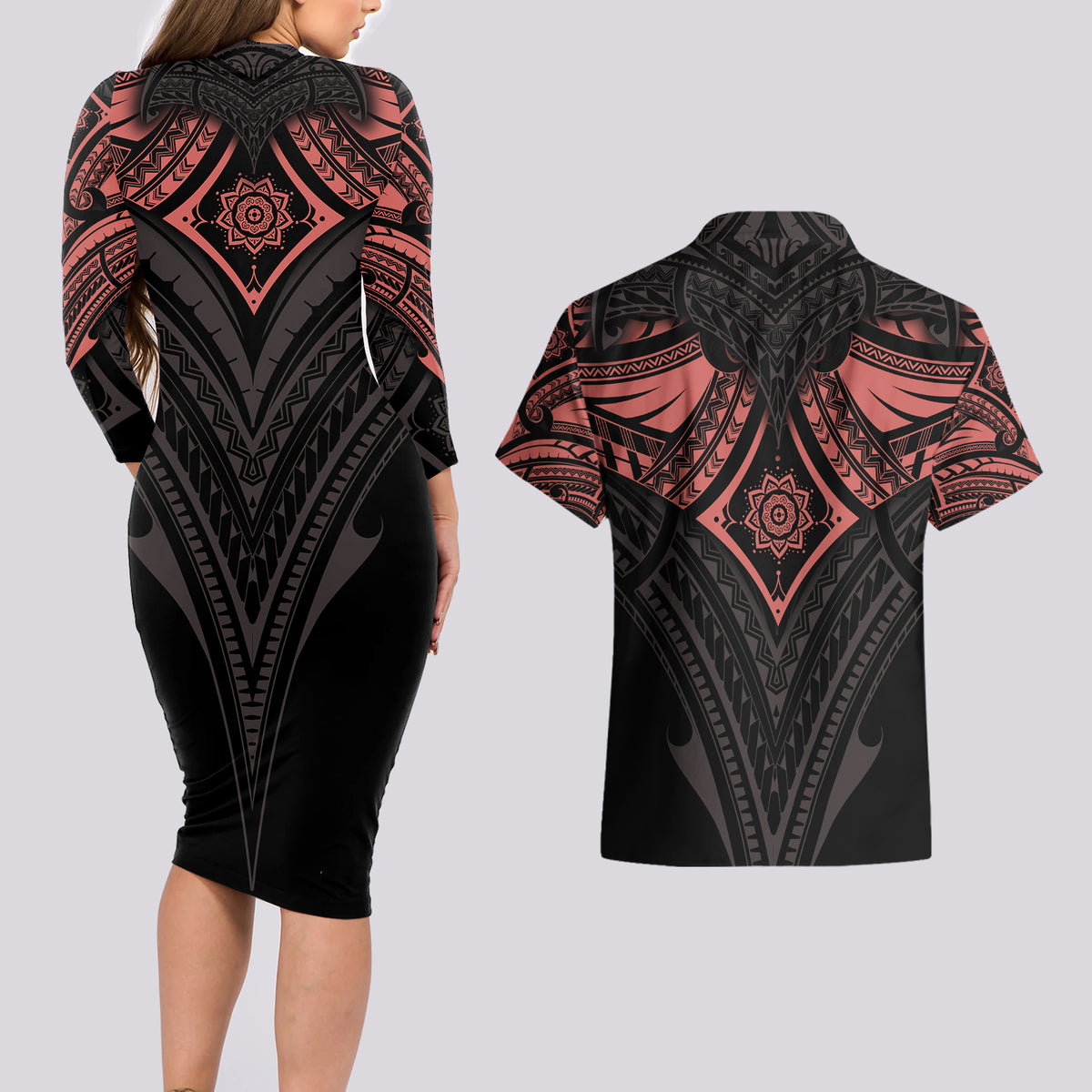 Feminine Polynesian Couples Matching Long Sleeve Bodycon Dress and Hawaiian Shirt Mandala Tattoo Style - Wonder Print Shop