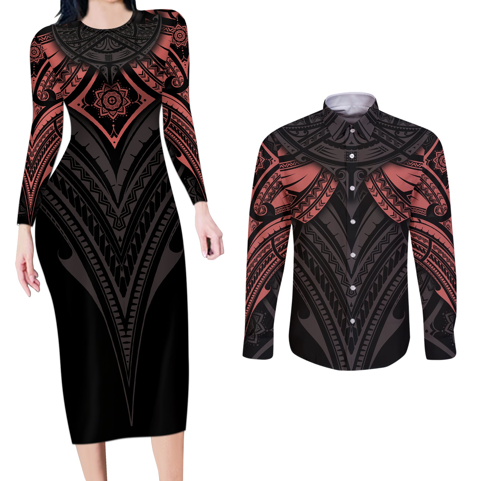 Feminine Polynesian Couples Matching Long Sleeve Bodycon Dress and Long Sleeve Button Shirts Mandala Tattoo Style - Wonder Print Shop