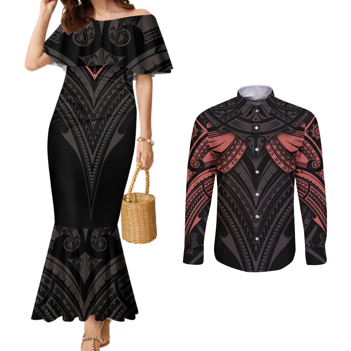 feminine-polynesian-couples-matching-mermaid-dress-and-long-sleeve-button-shirts-mandala-tattoo-style