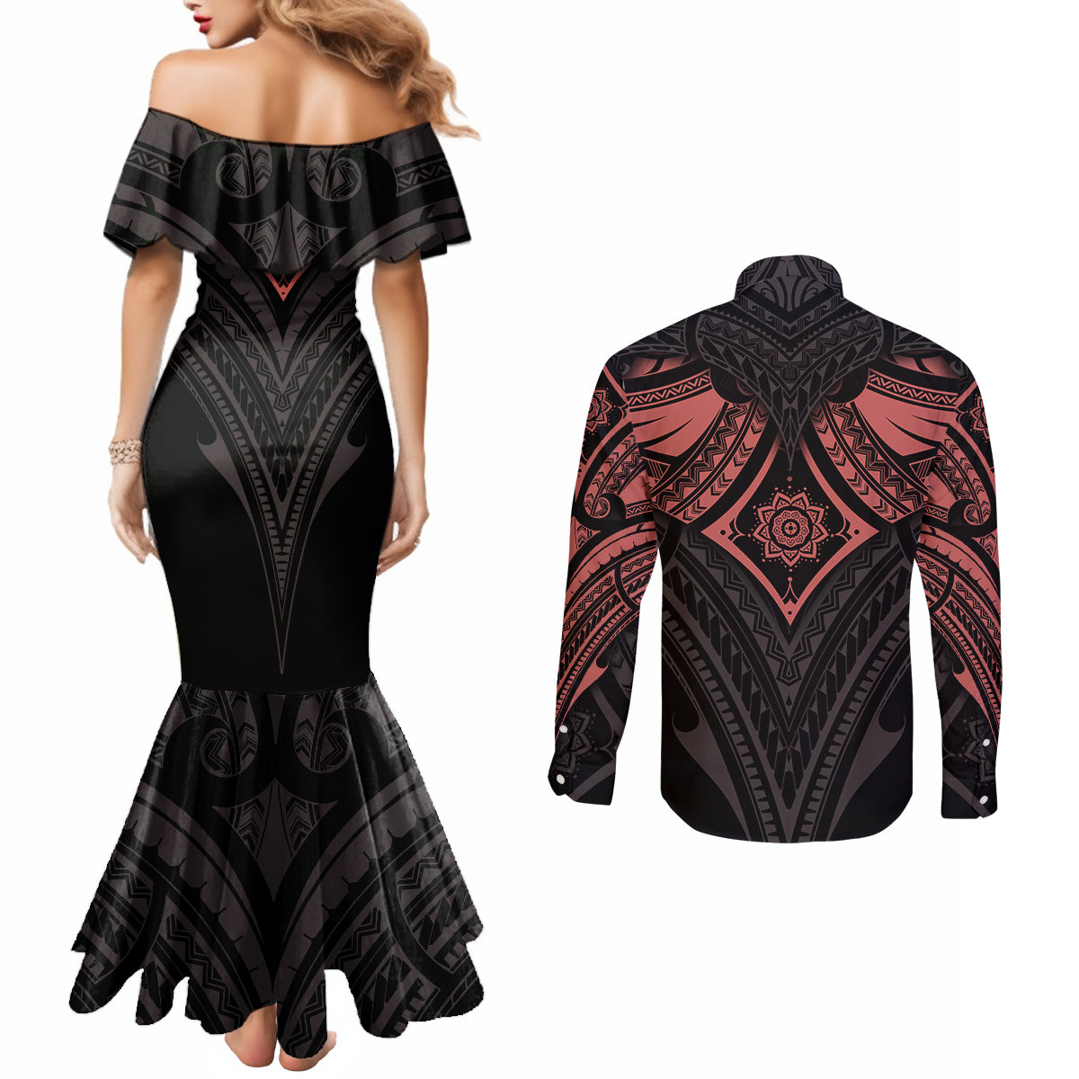 feminine-polynesian-couples-matching-mermaid-dress-and-long-sleeve-button-shirts-mandala-tattoo-style