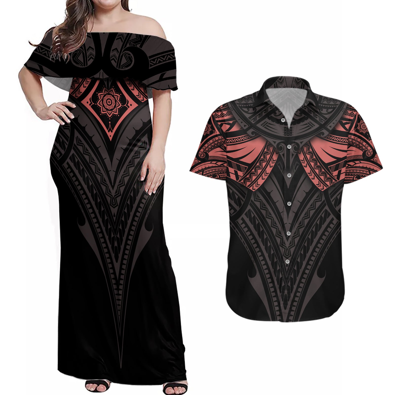 Feminine Polynesian Couples Matching Off Shoulder Maxi Dress and Hawaiian Shirt Mandala Tattoo Style - Wonder Print Shop