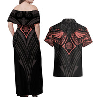 Feminine Polynesian Couples Matching Off Shoulder Maxi Dress and Hawaiian Shirt Mandala Tattoo Style - Wonder Print Shop