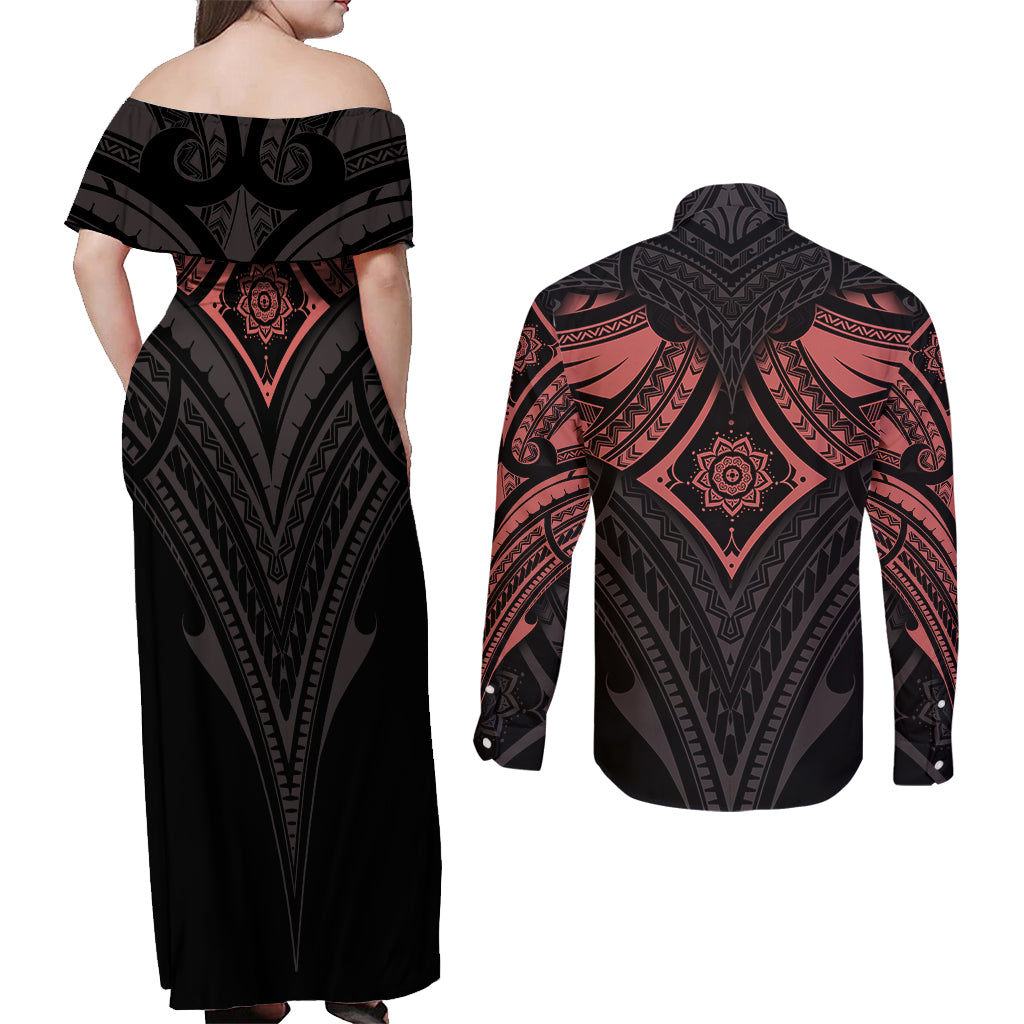 Feminine Polynesian Couples Matching Off Shoulder Maxi Dress and Long Sleeve Button Shirts Mandala Tattoo Style - Wonder Print Shop