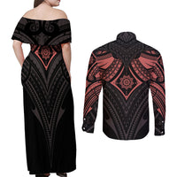 Feminine Polynesian Couples Matching Off Shoulder Maxi Dress and Long Sleeve Button Shirts Mandala Tattoo Style - Wonder Print Shop
